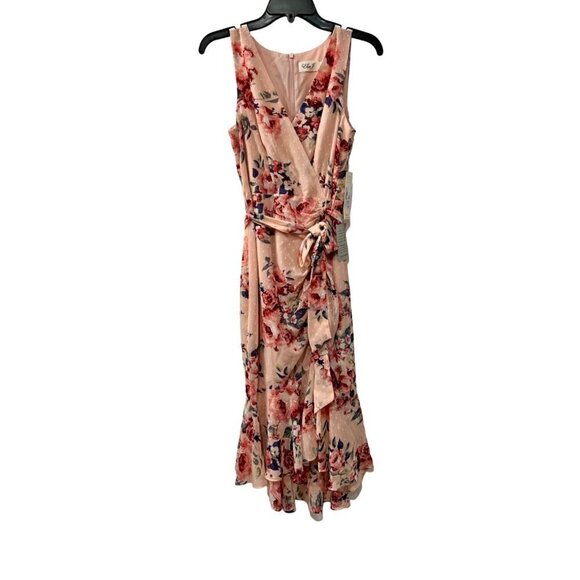New Eliza J Size 6 Floral Ruched Chiffon Faux Wrap Dress - Picture 3 of 15